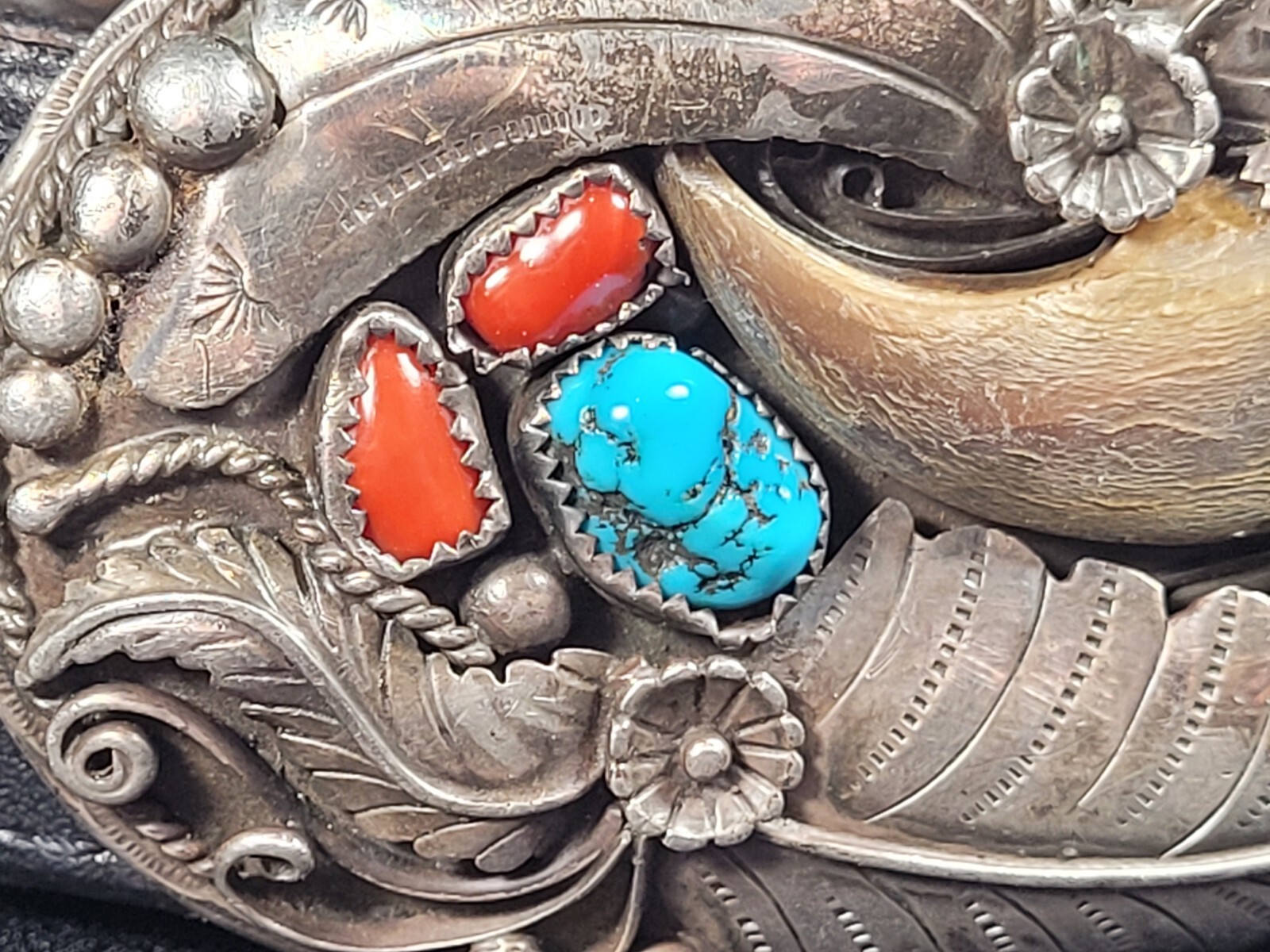 Braided Nylon And Leather Belt With Silver Turquoise Coral Belt Buckle 35097-11