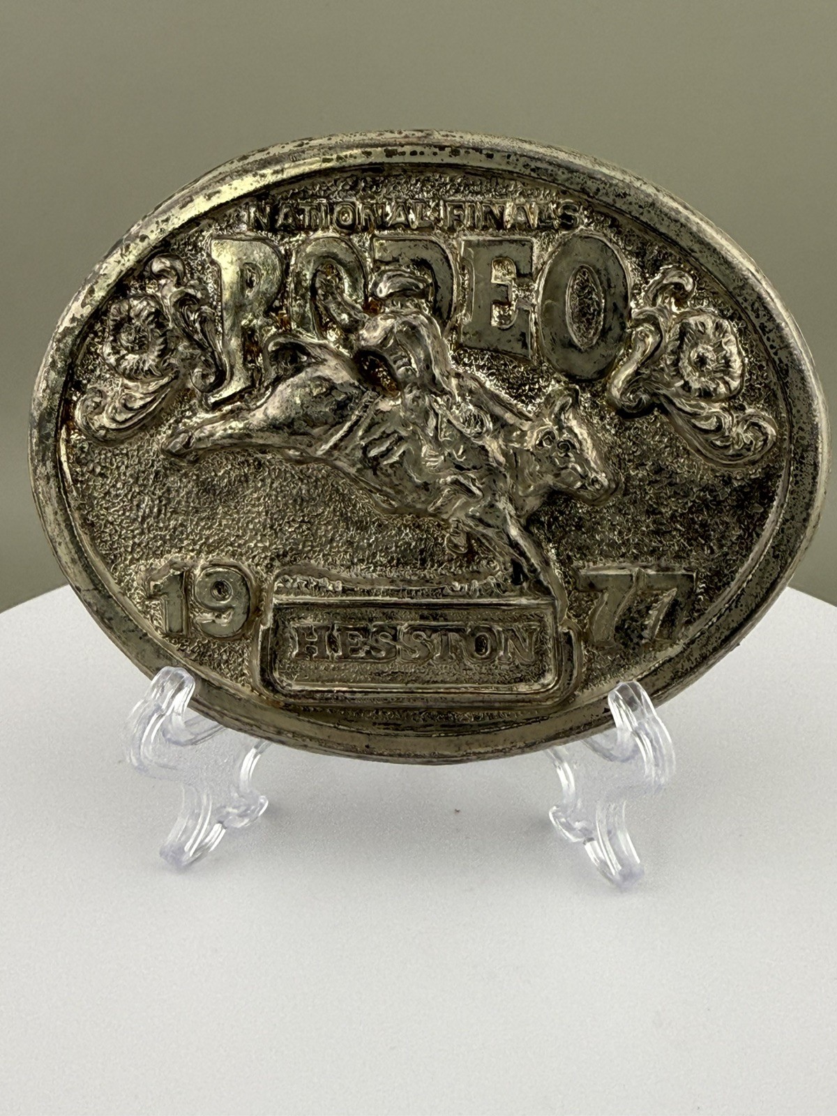 1977 Hesston Silver Award 655 NFR Rodeo Belt Buckle Bull Rider Cowboy