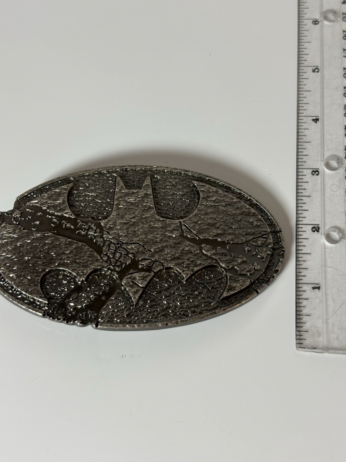 Vintage Batman Belt Buckle Pewter Finish Crackled Look 5&Prime; Wide DC Comics