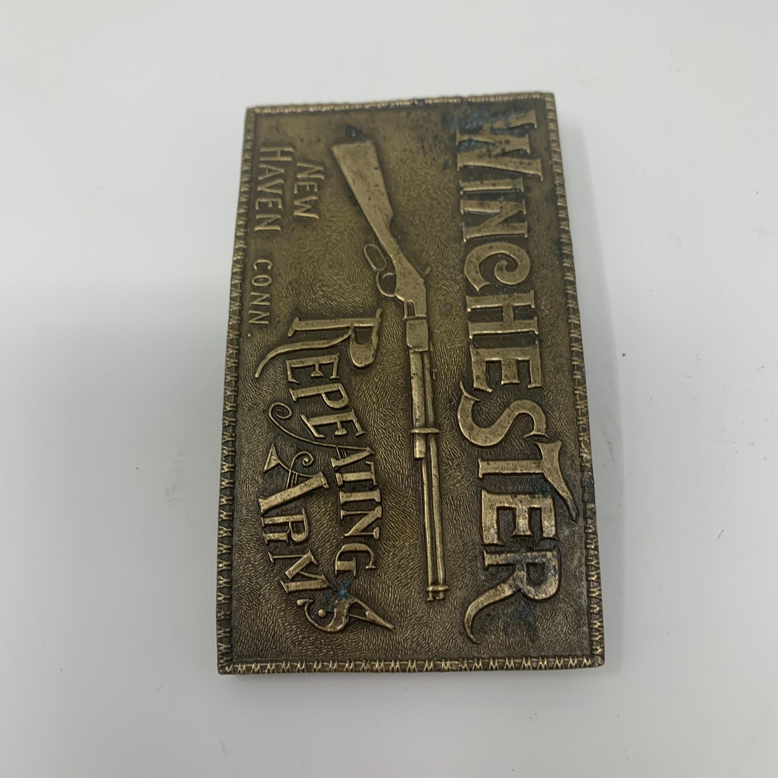 Vintage Winchester Repeating Arms Brass Belt Buckle Rifle New Haven CT Western