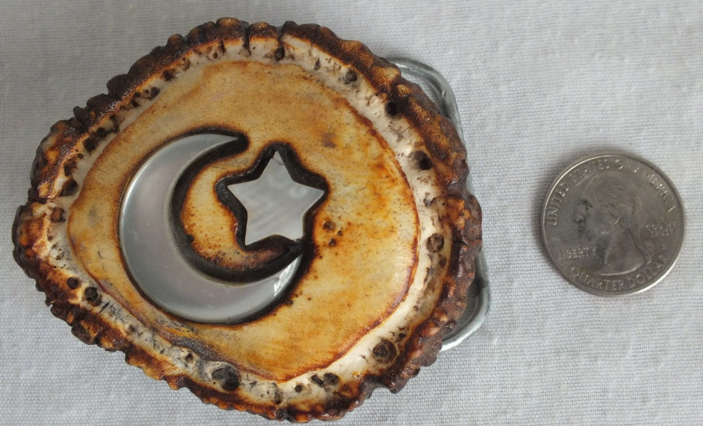 SHRINER CRESCENT MOON MASON BELT BUCKLE MOP ELK HORN signed burl vintage rustic