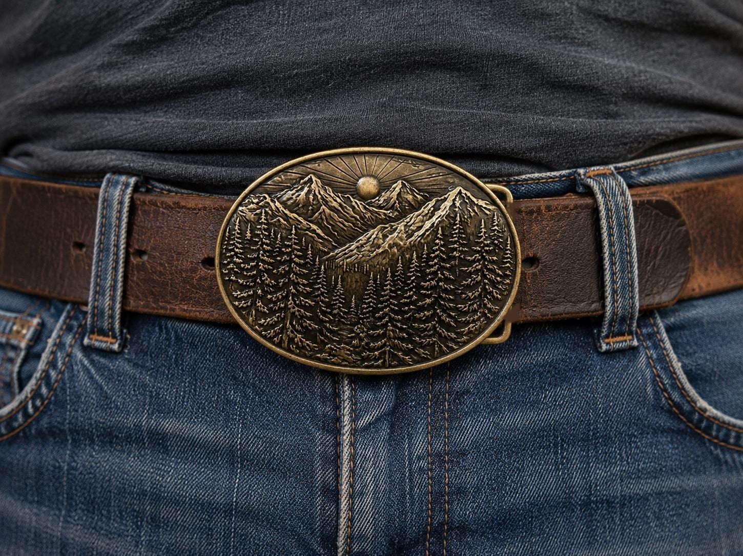 Golden Mountain Landscape Belt Buckle Forest Sunrise Pine Father&rsquo;s Day Gift