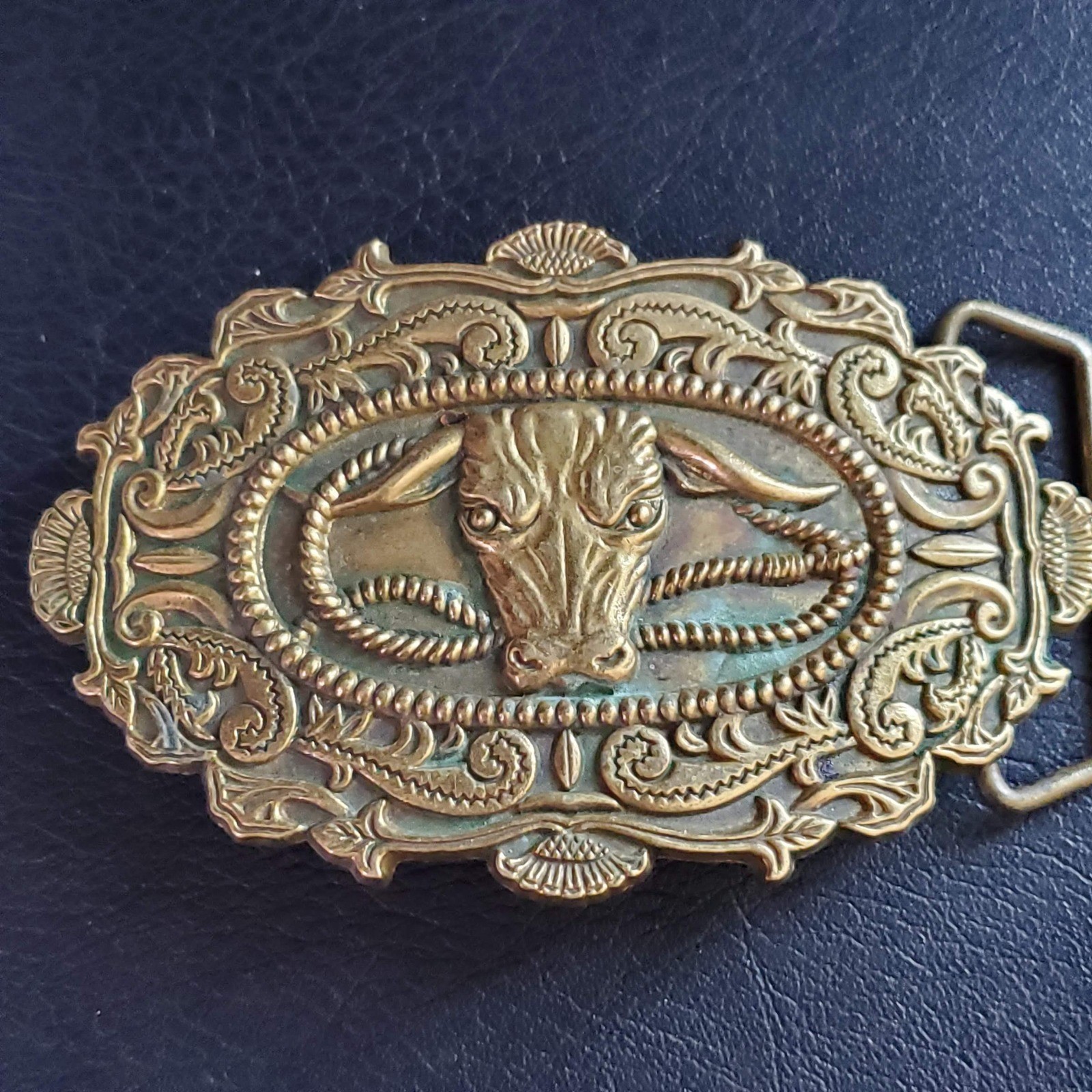 Vintage 1982 Baron Buckles Solid Brass Bull Head Belt Buckle Ornate Rancher