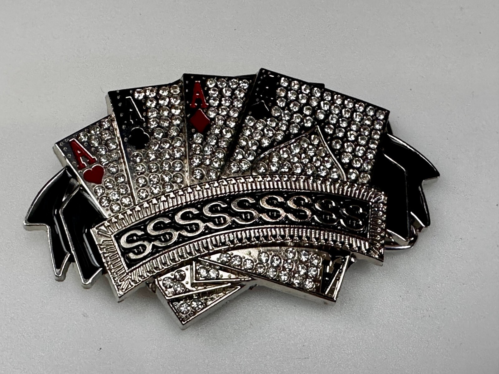 Four Aces Playing Card Game ALL SSSSSSSSSS! Casino Gambling Jeweled Belt Buckle