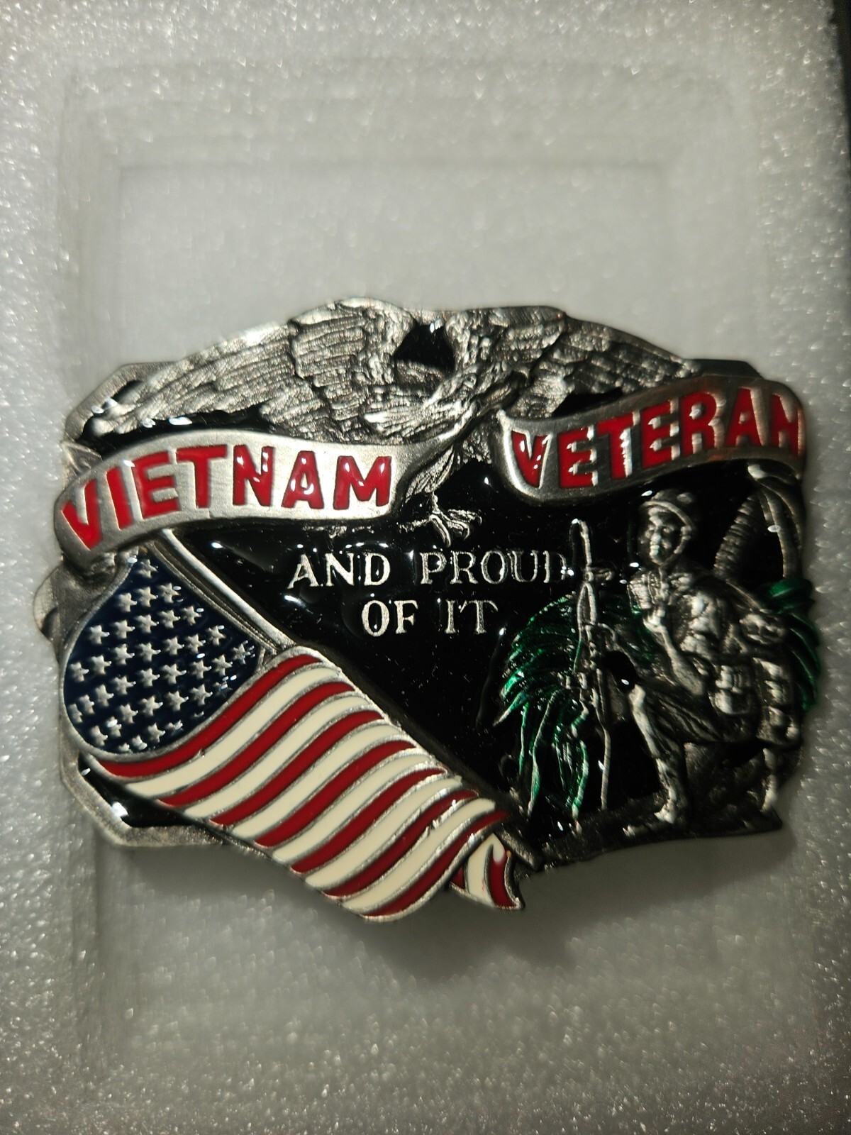 VTG Vietnam Veteran And Proud Of It Belt Buckle Enamel Great American Buckle Co