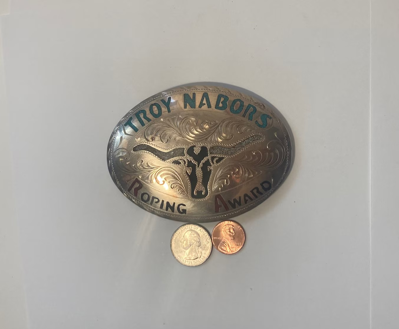 Vintage Metal Belt Buckle, Silver with Nice Blue and Red Crushed Turquoise Stone