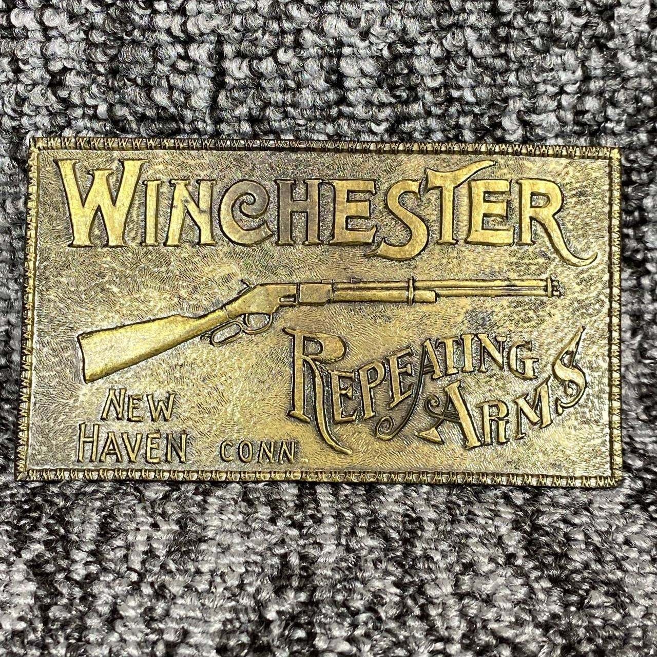 Vtg Winchester Repeating Arms Brass Belt Buckle Lever Action Rifle New Haven CT