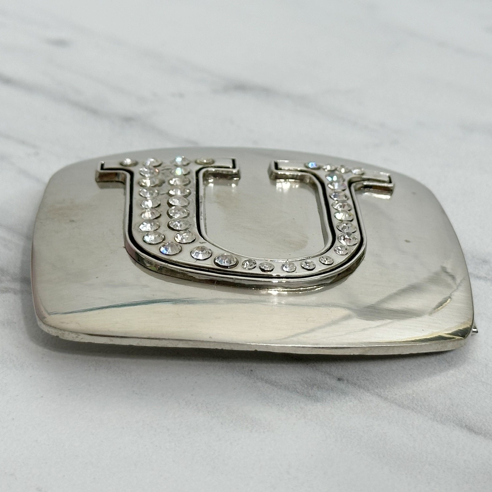 Letter U Rhinestone Initial Monogram Silver Tone Belt Buckle – 3.16&Prime; x 2.78&Prime;