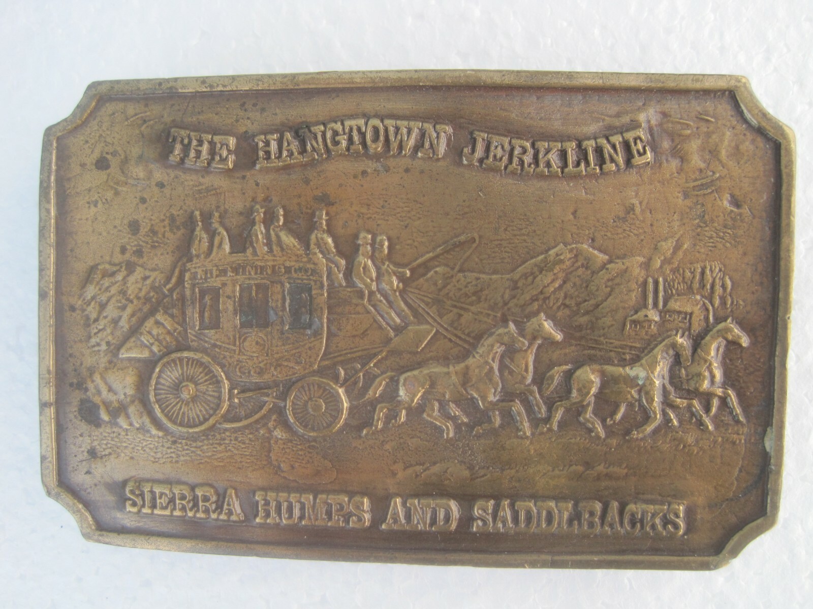 Hangtown Jerkline Sierra Brass Belt Buckle Western Stagecoach horses Vintage