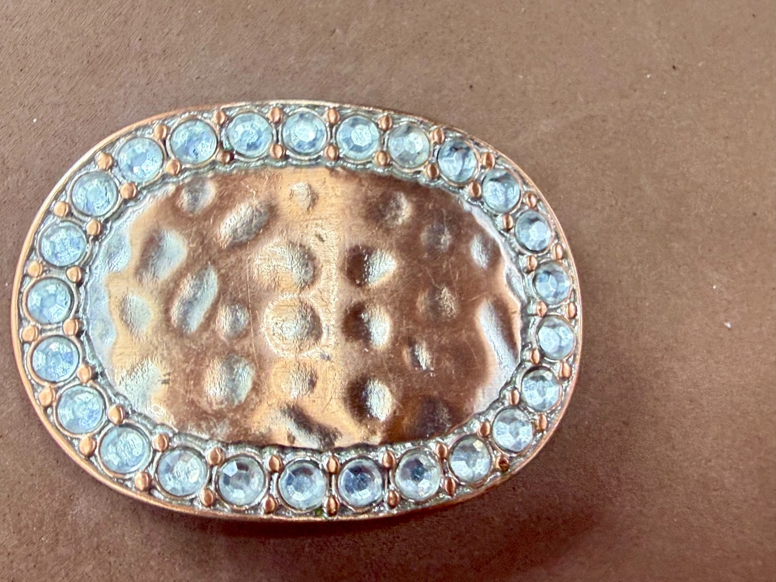 Textured Hammered Metal with Clear Rhinestone Border Modernist Belt Buckle