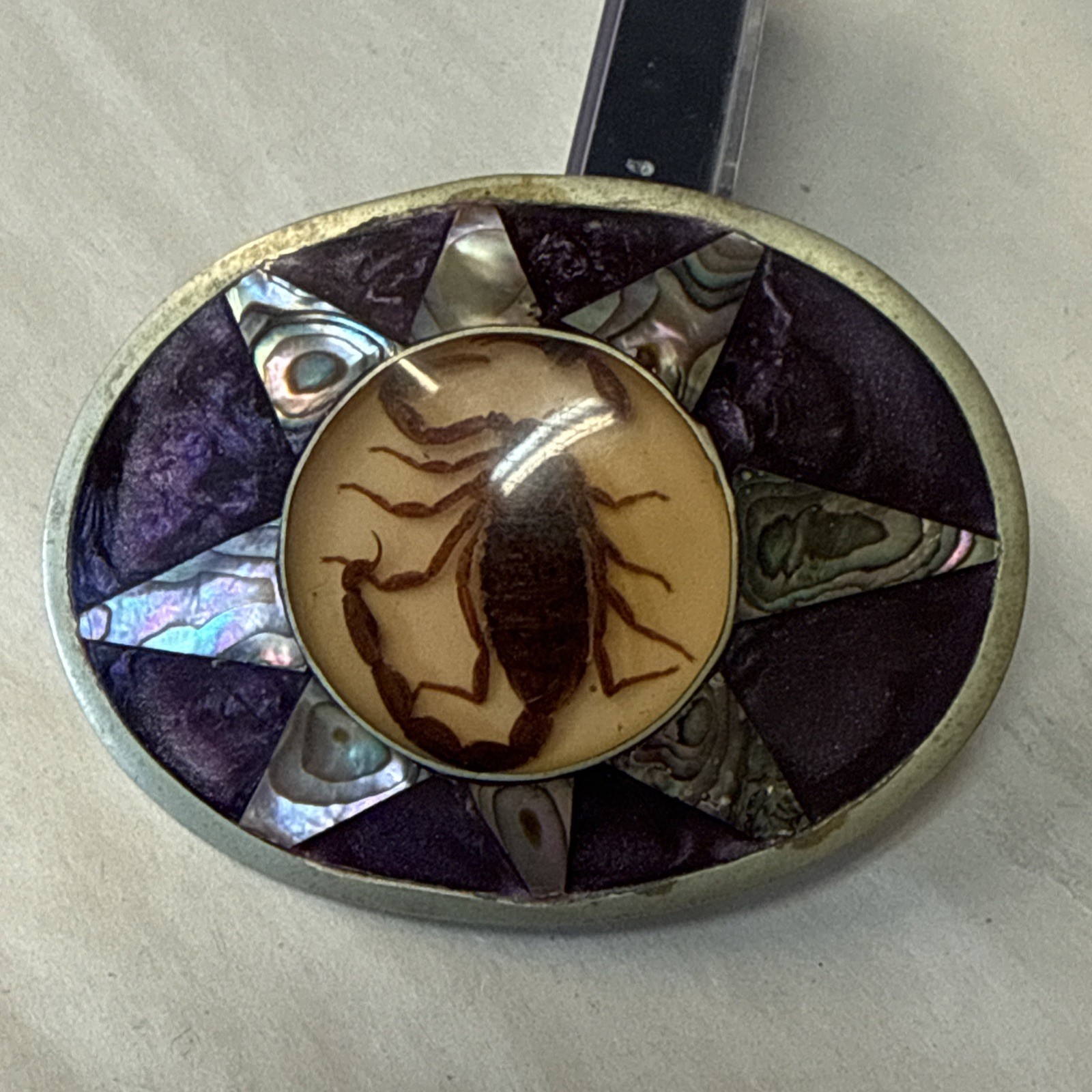 Vintage Alpaca Mexico Abalone Belt Buckle Resin Scorpion Southwest Native
