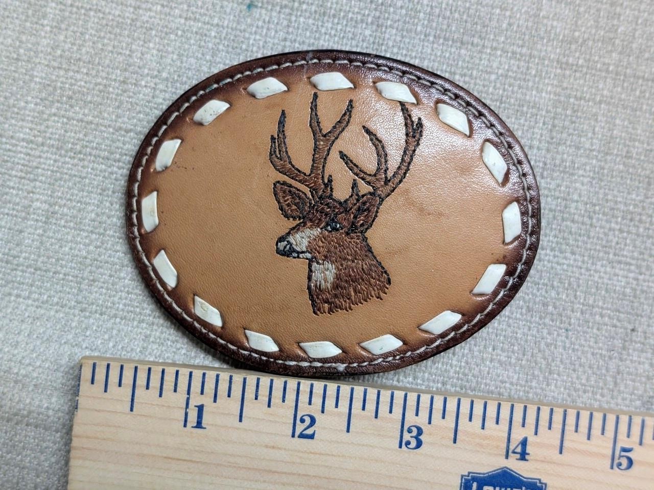 vintage DEER belt buckle STITCHED leather WESTERN handcrafted BIG BUCK brown
