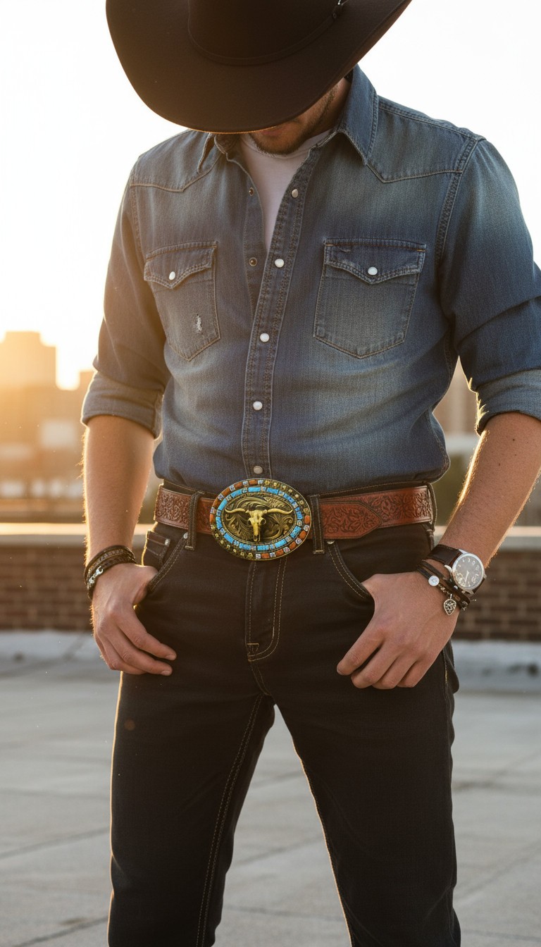 Men Dark Gold Metal Buckle Western Fashion Bull Long Horn Texas Cow Cowboy Style