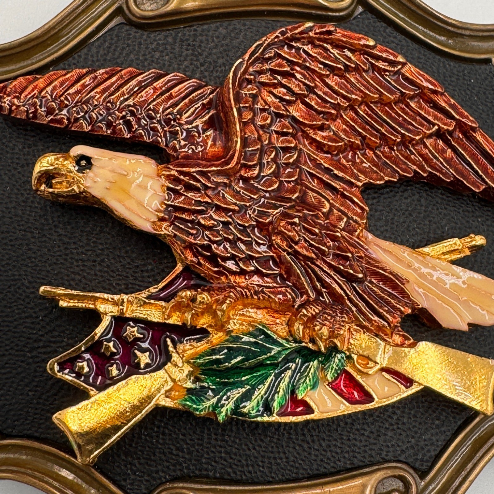 Vintage Eagle Rifle American Flag Belt Buckle Patriotic Western Bronze Tone 3D
