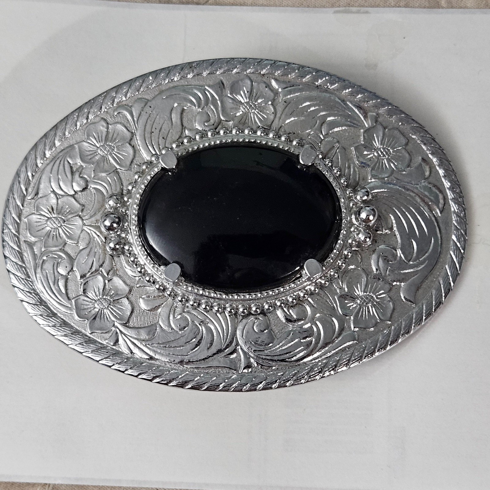 AWESOME Ornate Vintage Silver Buckle with Black Onyx Gem Floral Engraved Retro