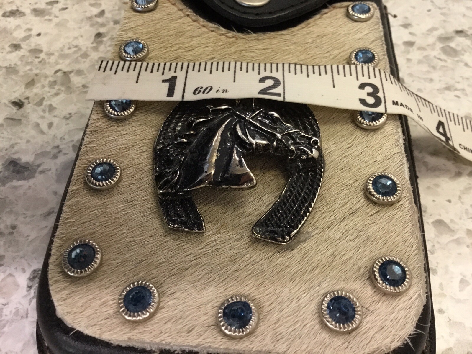 Leather Belt Attachment WESTERN COWHIDE HORSE HORSESHOE BLUE STONES-NICE!!