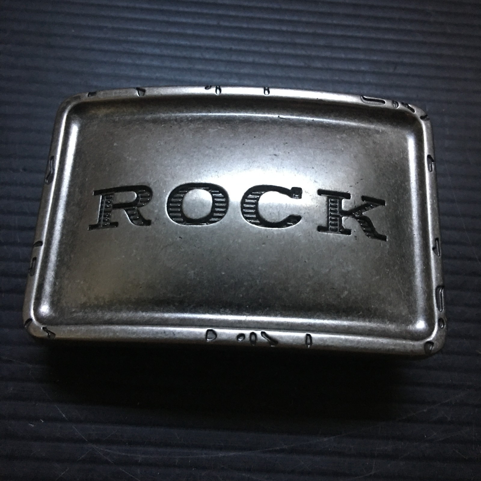 Vintage 1990s Distressed Silver Plate Metal « ROCK » Rectangular Belt Buckle