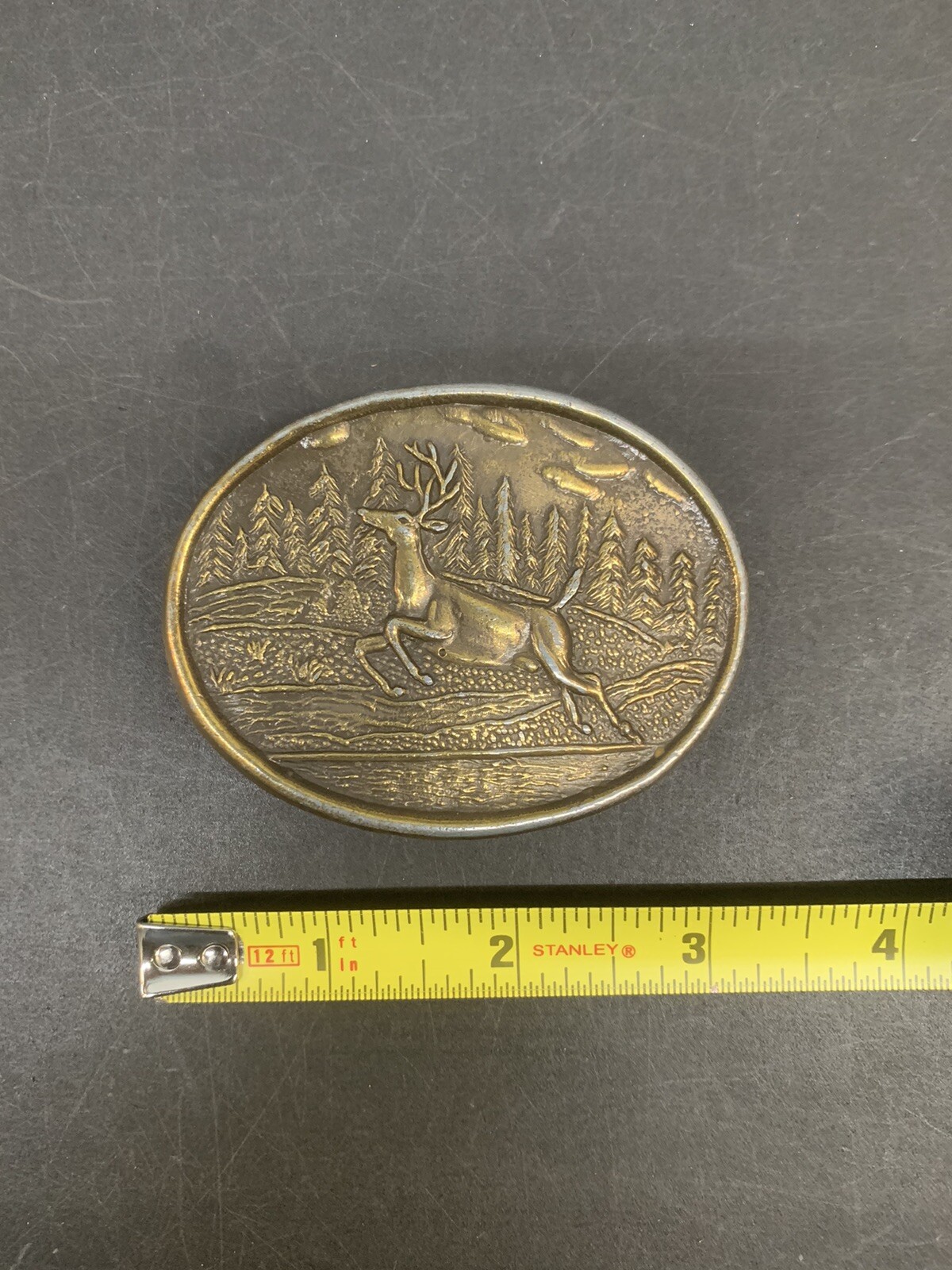 Brass Oval Belt Buckle Hunting Jumping Deer Forest
