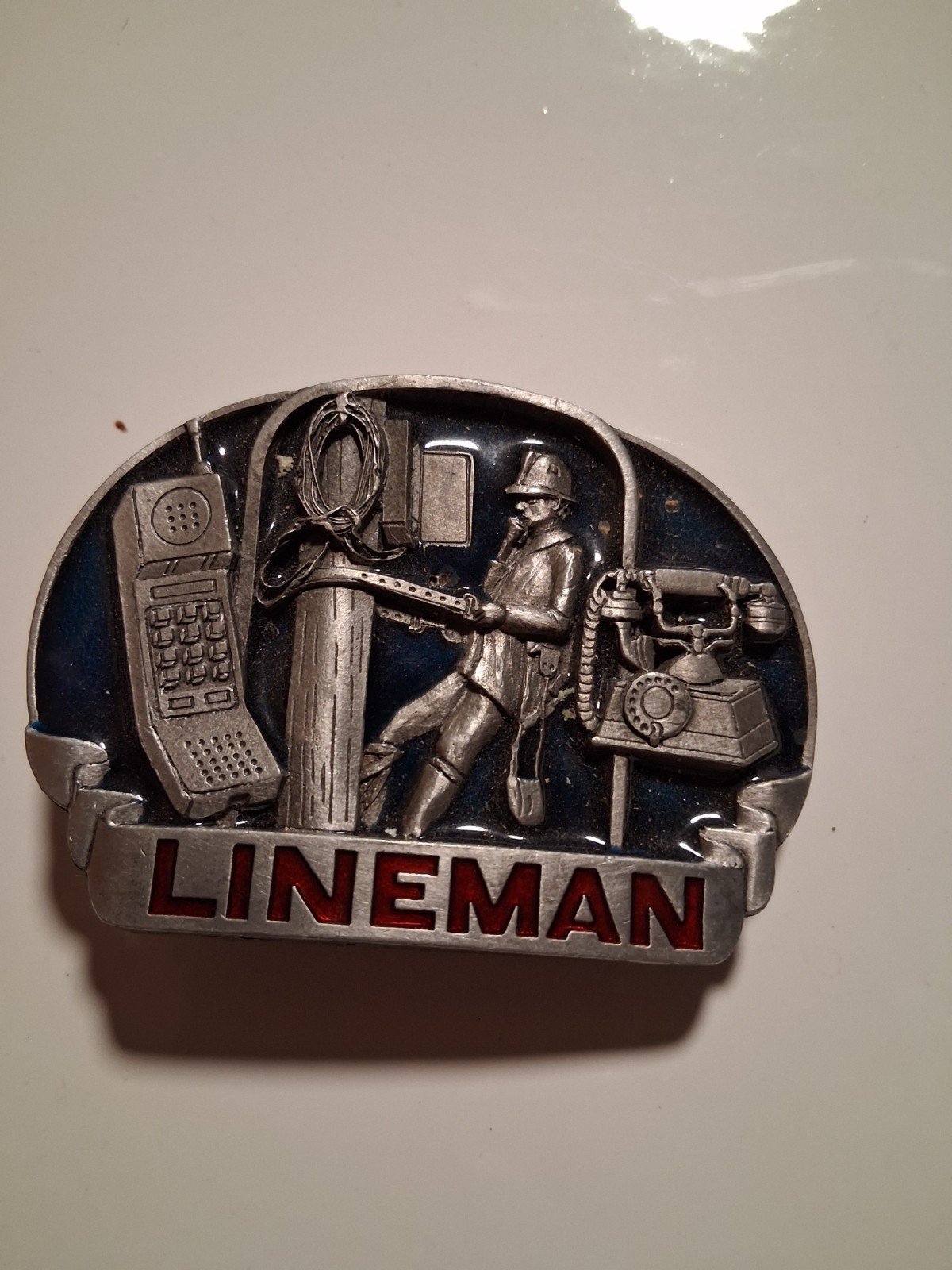 Vintage 1993 C&J Inc. Lineman Graphic Oval Western Belt Buckle Silver/Black