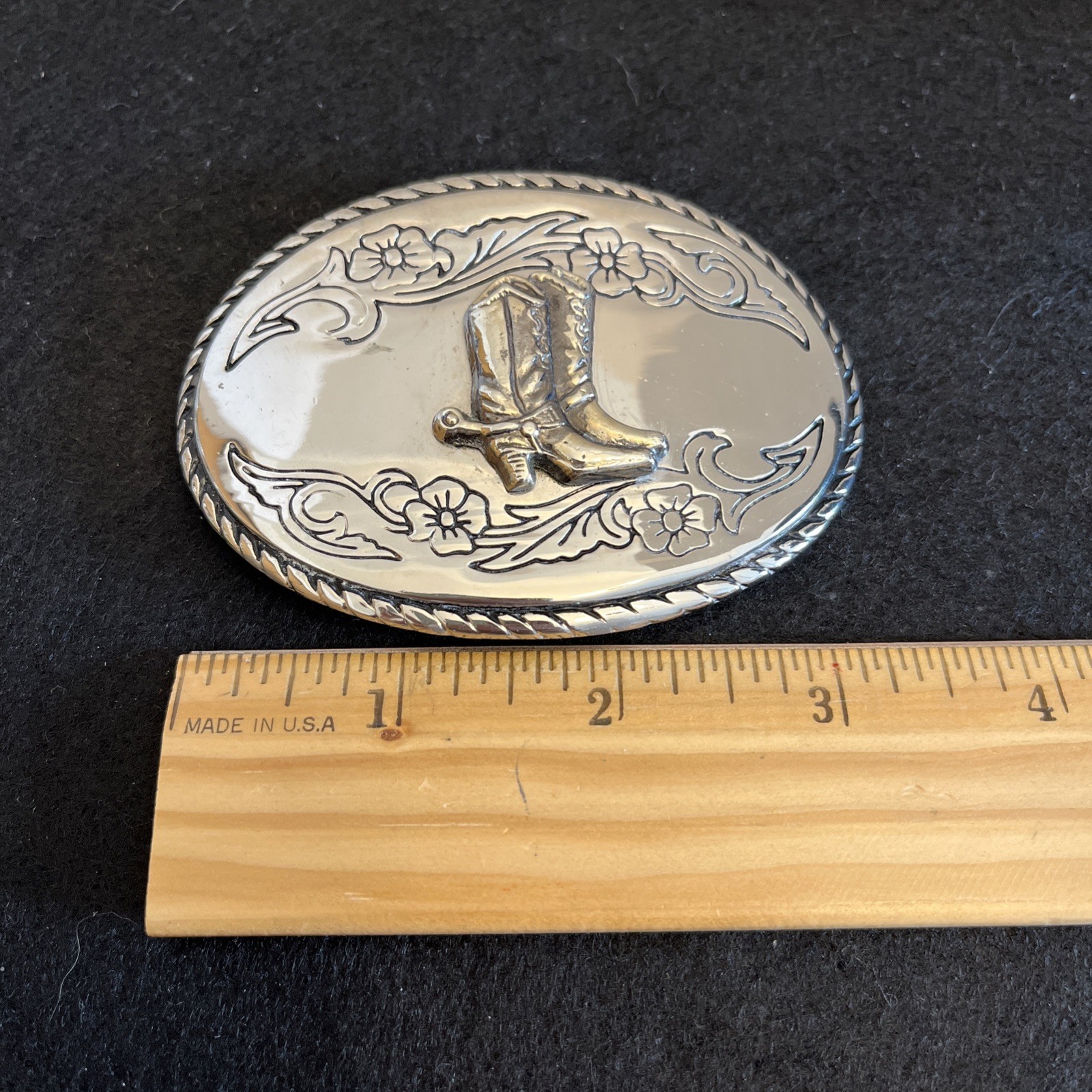 Silver Toned Oval Engraved Western Style Belt Buckle Boots Spurs 3”