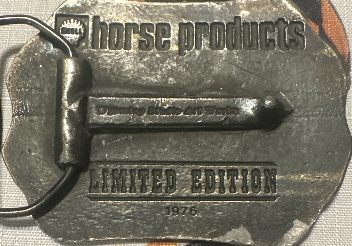 RARE 1776 1976 Lee LeBlanc Belt Buckle SHELL OIL BICENTENNIAL HORSE GALLOPING LE