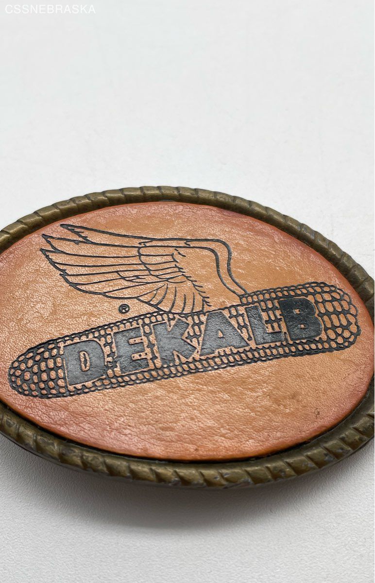 Dekalb Brown Belt Buckle Leather Metal Spec Cast Rockford Illinois – Size