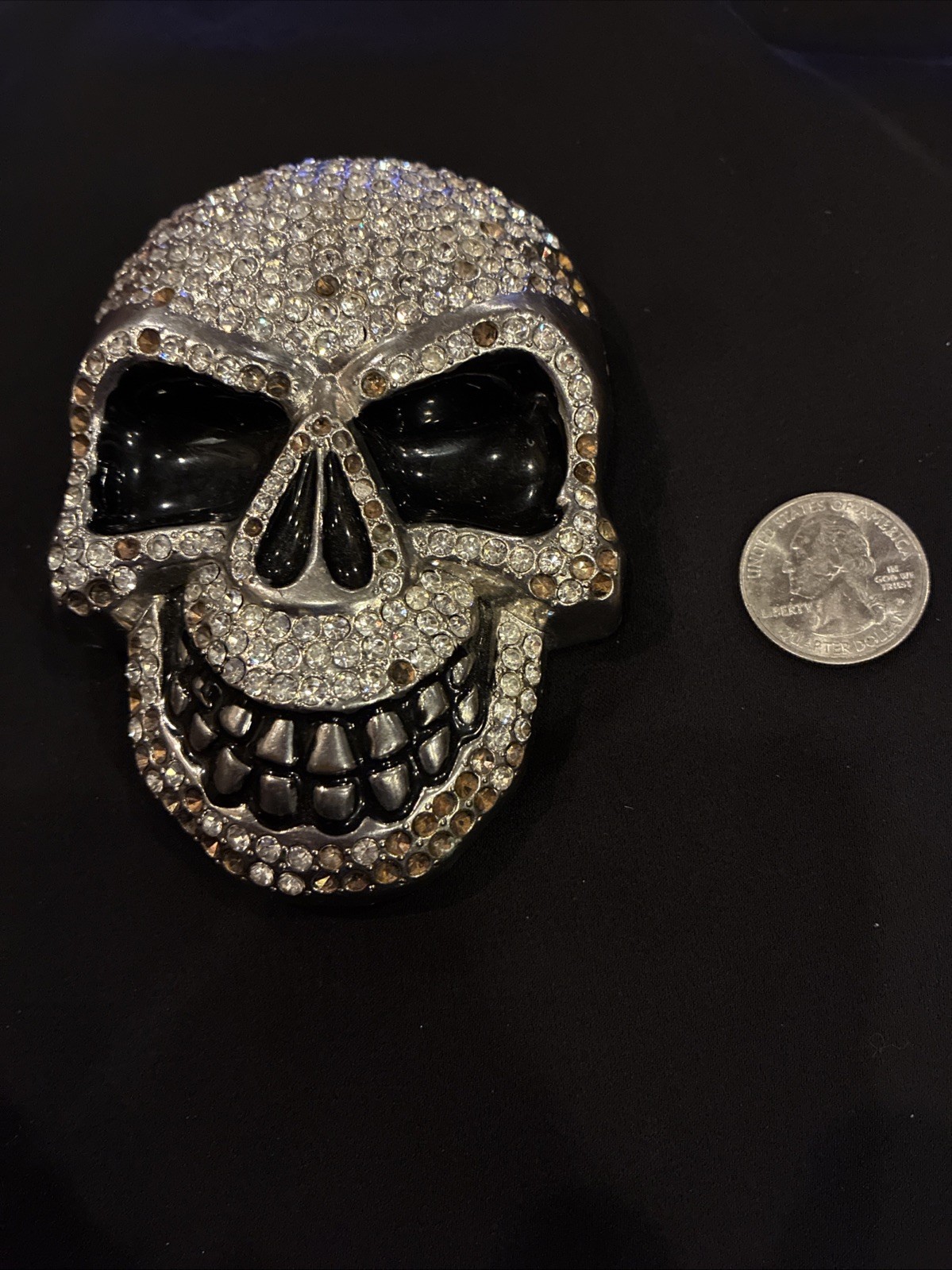 Heavy Rhinestone Skull Belt Buckle Silver Tone Black Enamel Gothic Punk