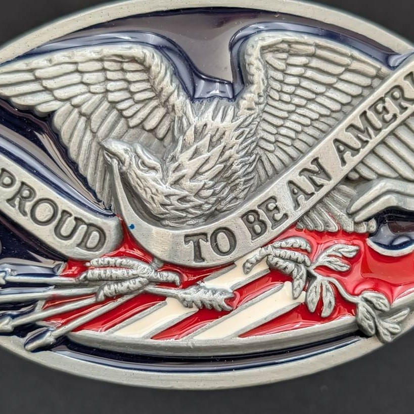 Patriotic Belt Buckle Metal Enamel Eagle American Flag Cast Silver Toned USA