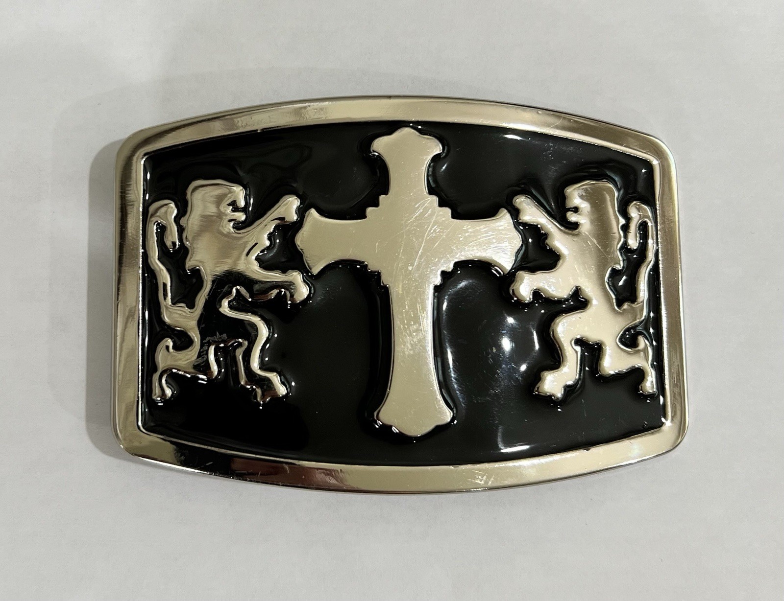 Mens Belt Buckle Black Silver With Double Lions and Cross 4×3” Vintage