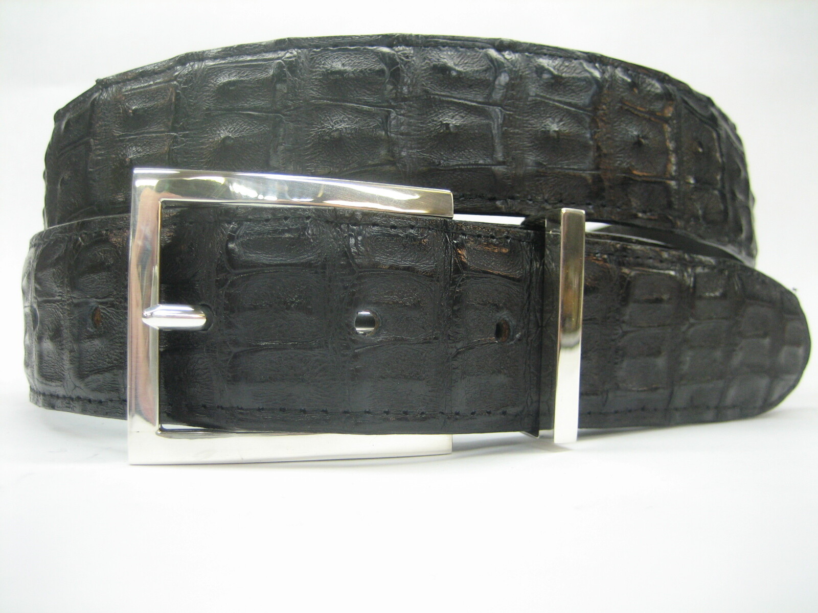 GENUINE HORNBACK CROCODILE BELT 1-3/8&Prime;, W/ 2 PC BUCKLE SET 925 SOLID SILVER USA.
