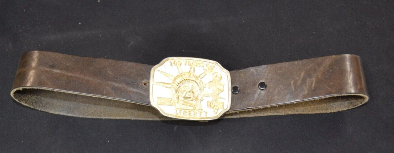 Vintage Leather belt 1886-1986 Of Lady Statue Of Liberty Two Tone Belt Buckle