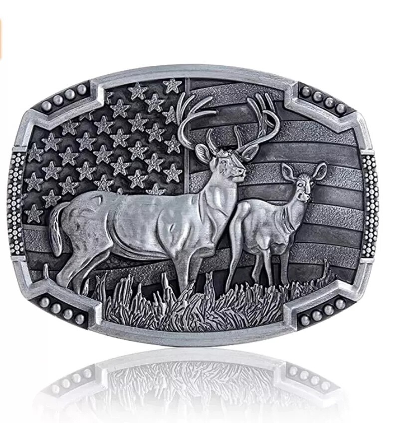 American Flag Deer Hunting Belt Buckle – Buck & Doe, Antique Silver Western