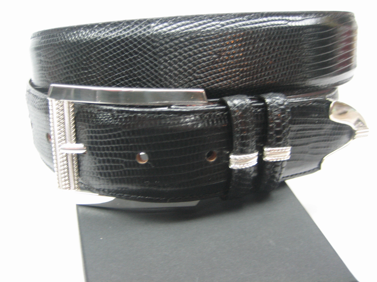 STERLING SILVER 925 BUCKLE TWO LOOP AND TIP SET & GENUINE LIZARD 1.5&Prime; BELT U.S.A
