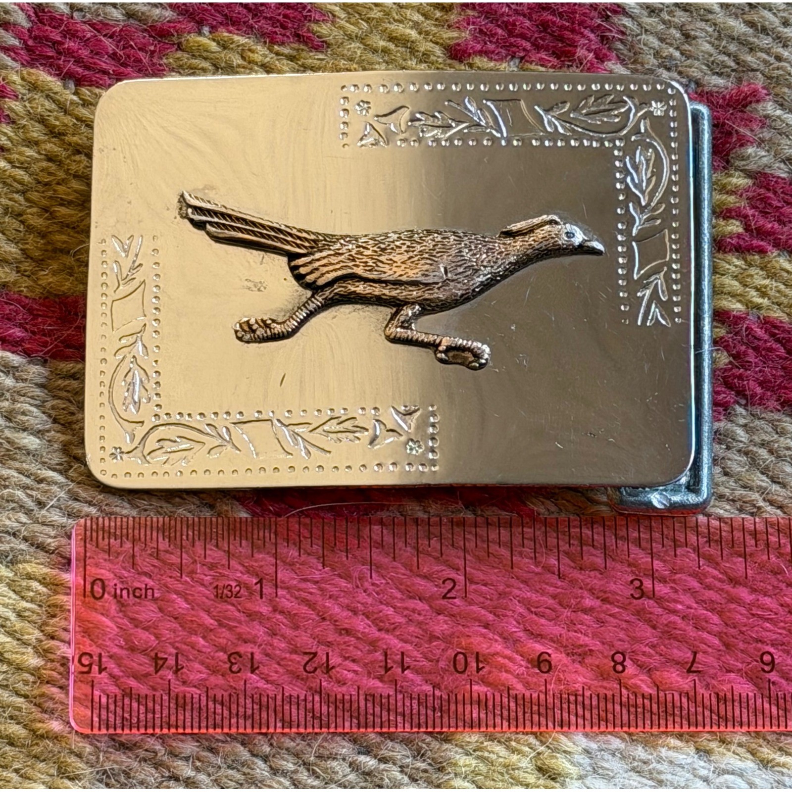 Vintage Silver Tone Roadrunner Belt Buckle Western Southwestern Etched Floral