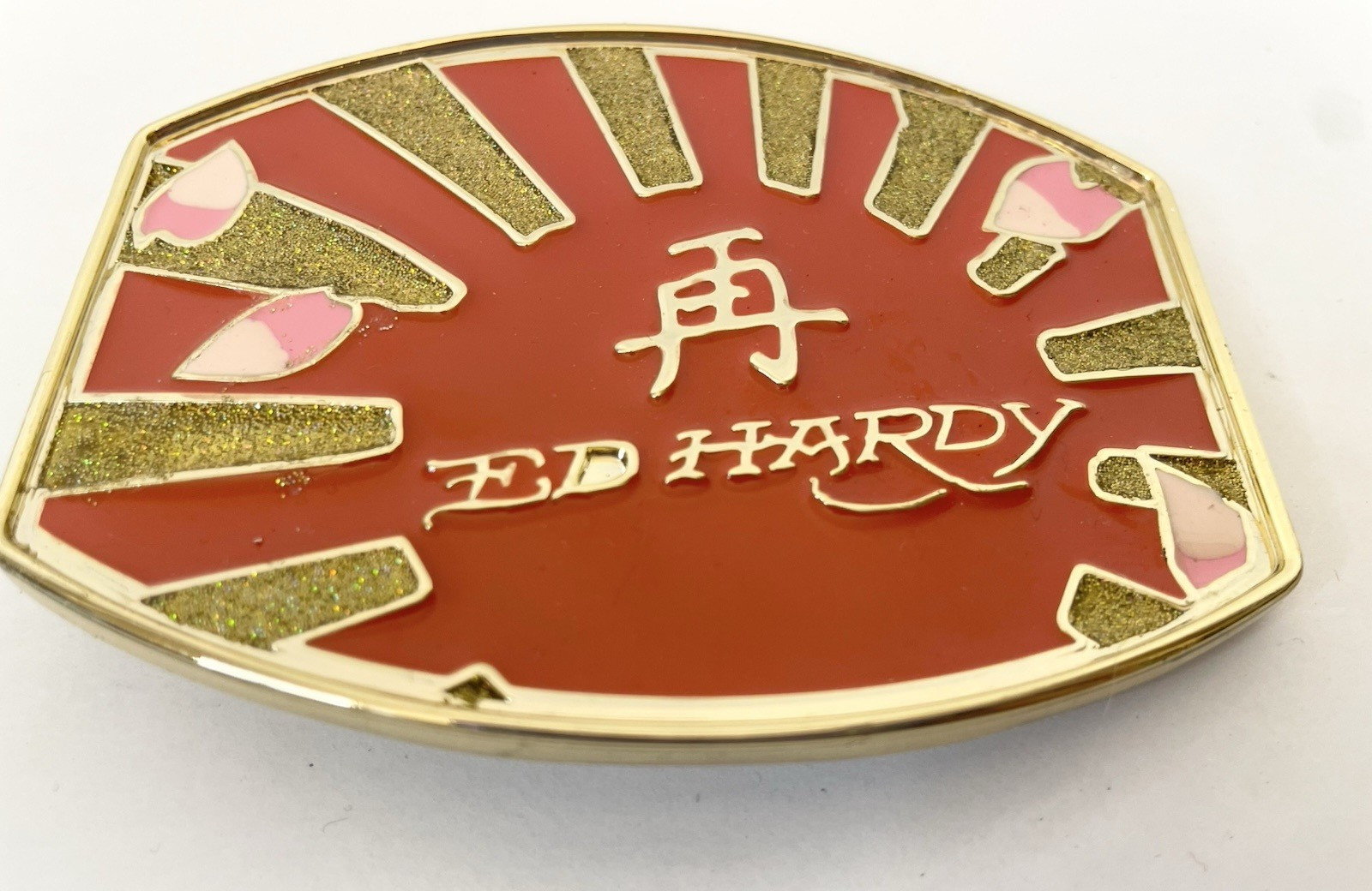 Men&rsquo;s ED HARDY Belt Buckle Only Red Gold Glitter Textured Metal Heavy No Belt