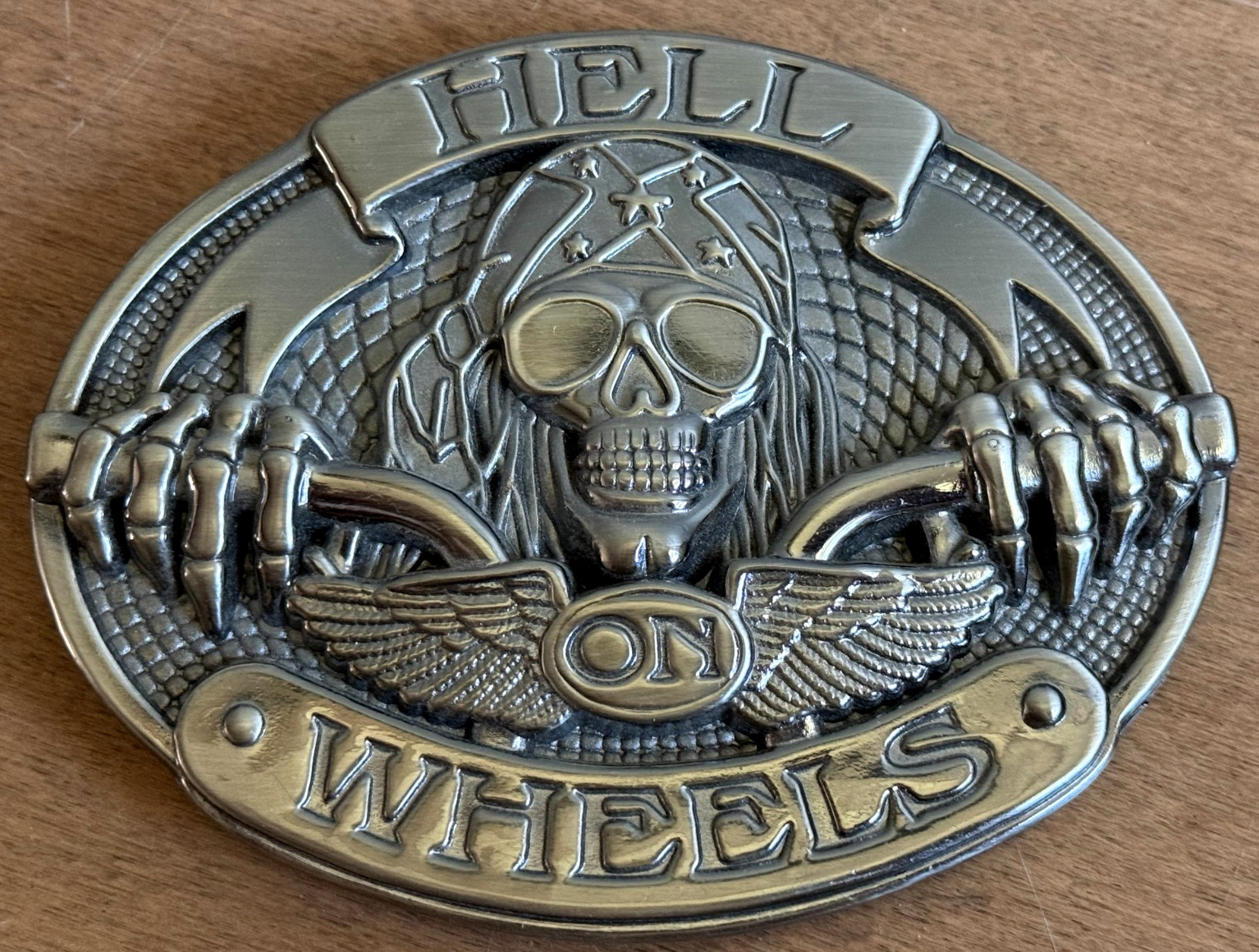 FREE SHP! Hell on Wheels Large Belt Buckle Silver Metal Biker Conf Flag