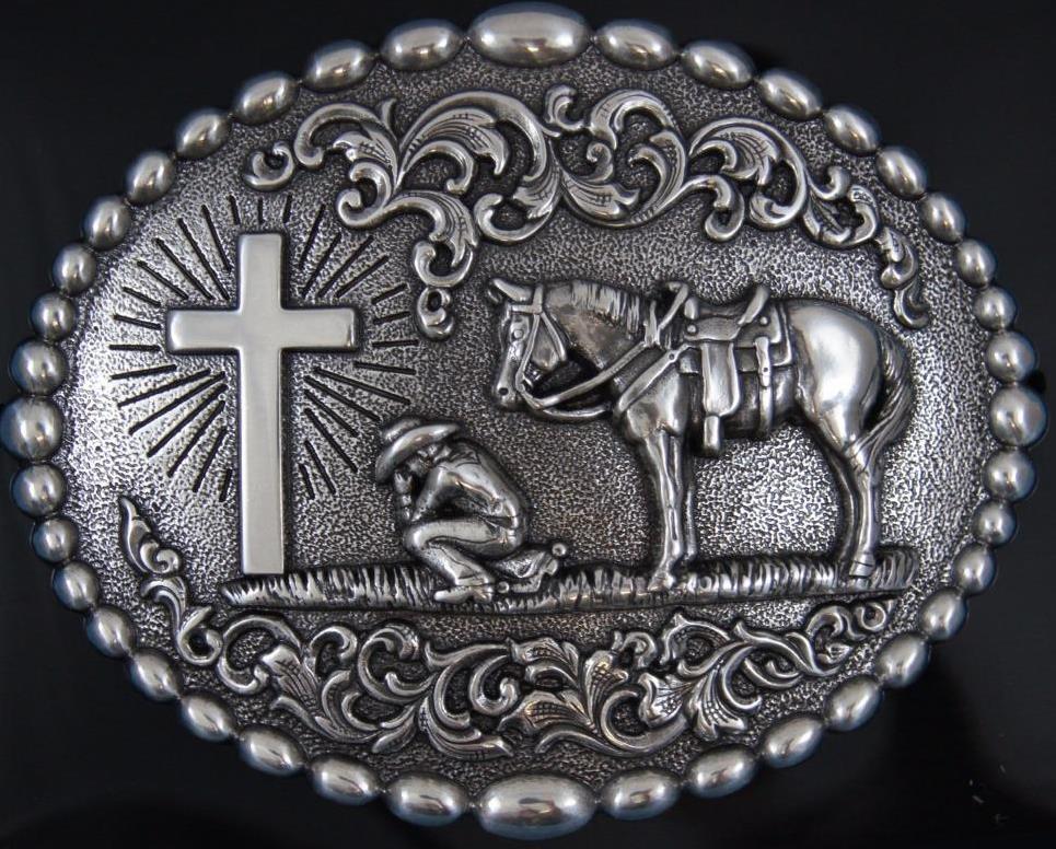 Nocona Western Belt Buckle Cowboy Man at Cross Praying Silver 37374