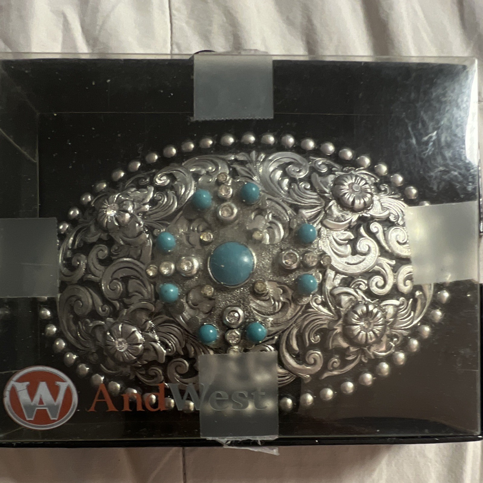 Stages West Oval Silver-Tone Western Floral Turquoise Buckle AW9811004M