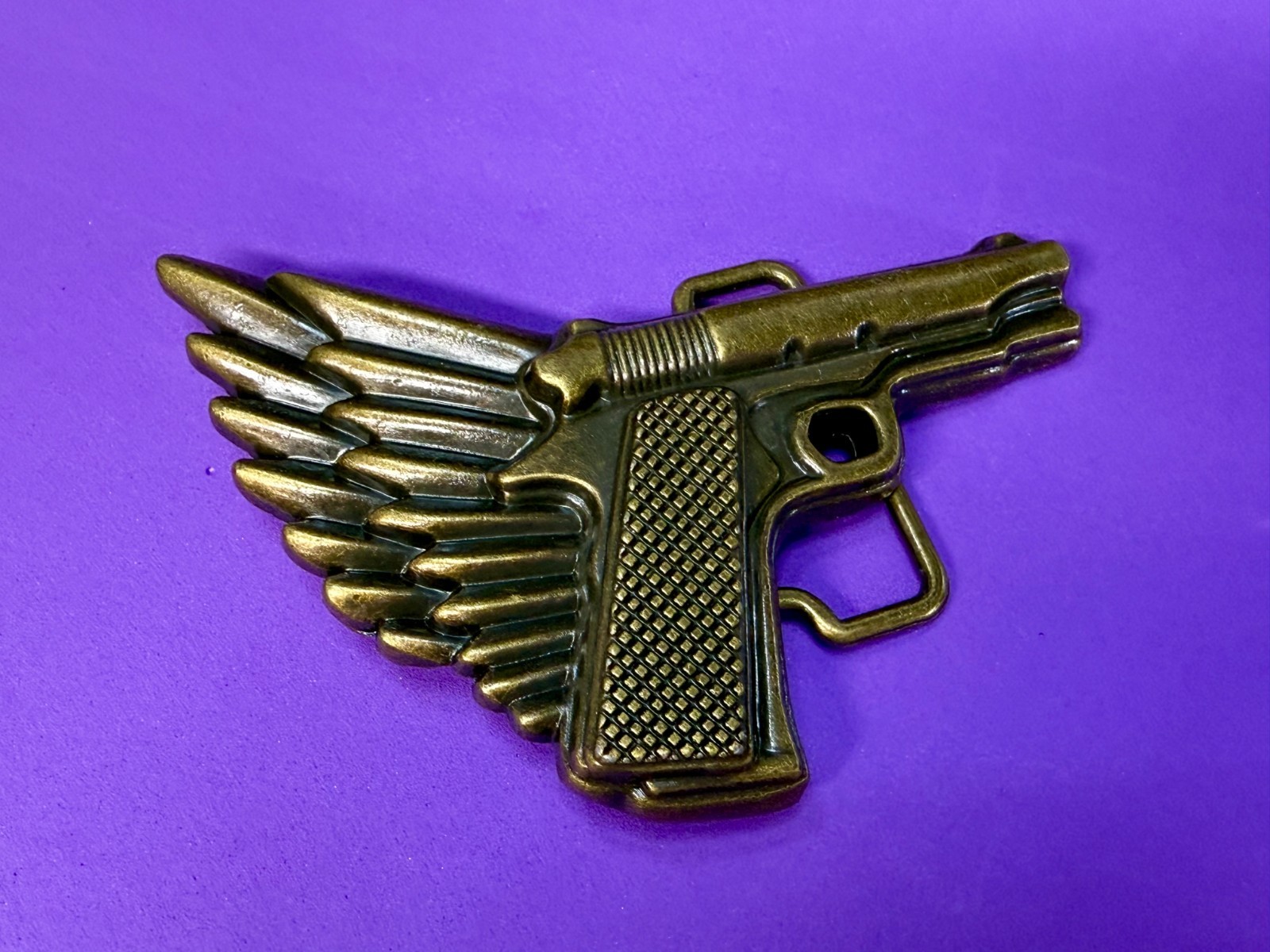 Winged Gun Flying Pistol Handgun Figural Cutout Brass Tone 4&Prime; Wide Belt Buckle