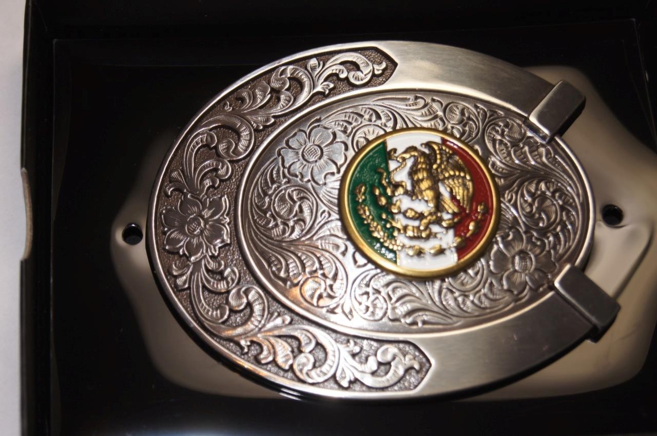 Ariat Western Belt Buckle Logo Mexican Flag Horseshoe Silver tone A37021