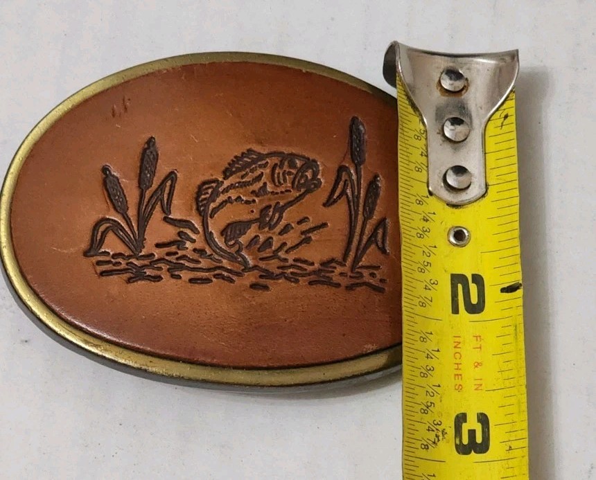 Vintage 70s Fishing Belt Buckle Brass Fish Scene Made USA Western Resin Inlay