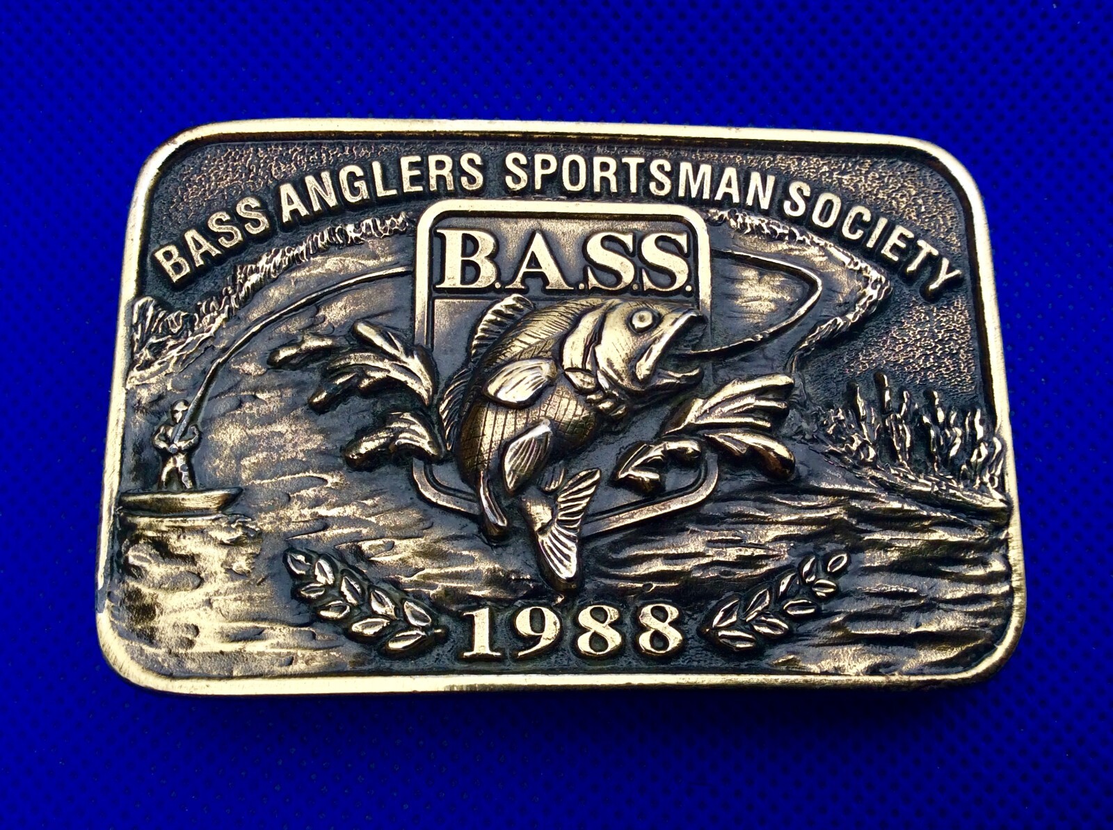Vintage B.A.S.S. Bass Anglers Sportsman Society Original 1988 Brass Belt Buckle