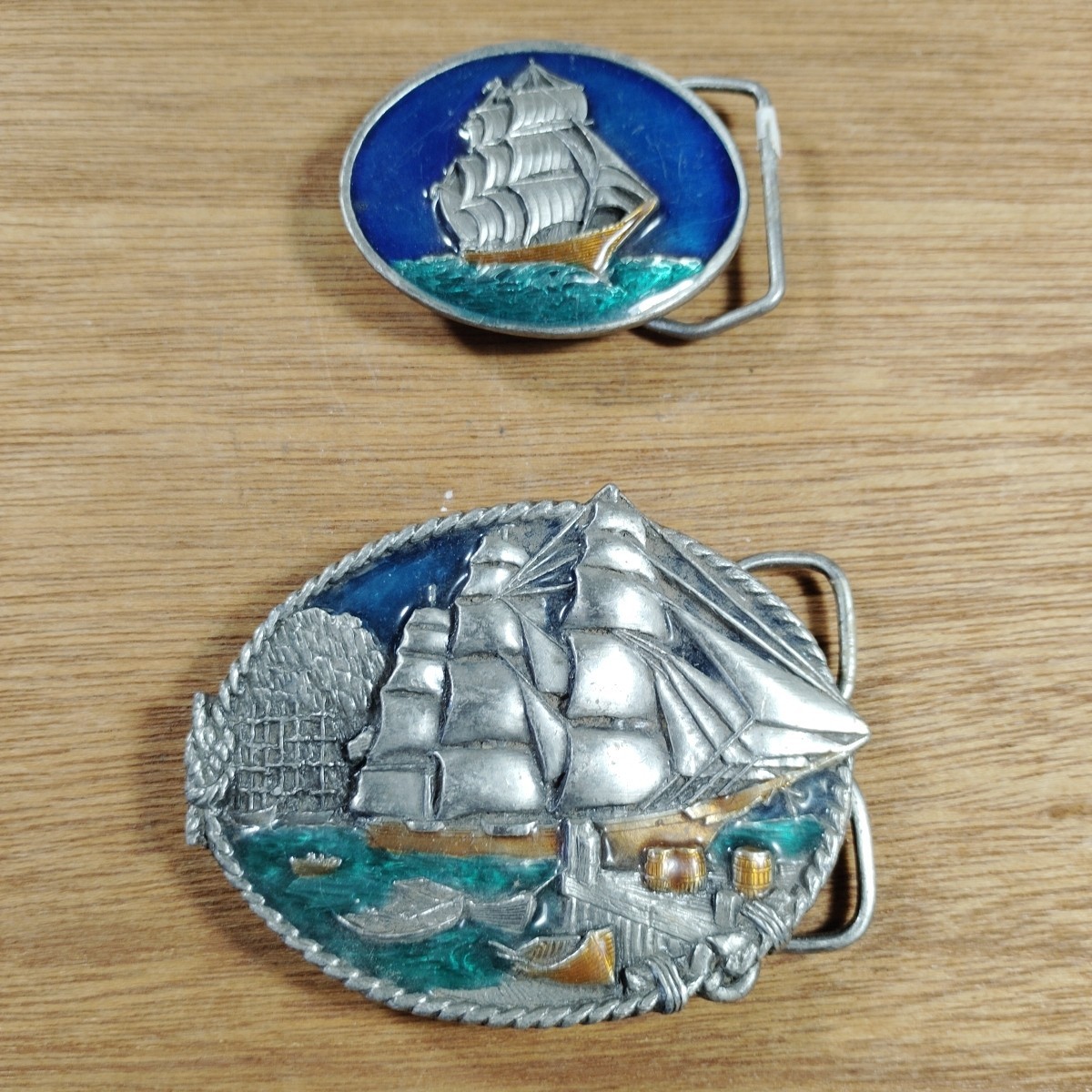 TWO Vintage Bergamot Brass Works Sailing Ship Belt Buckle Kipling 1980&rsquo;s USA