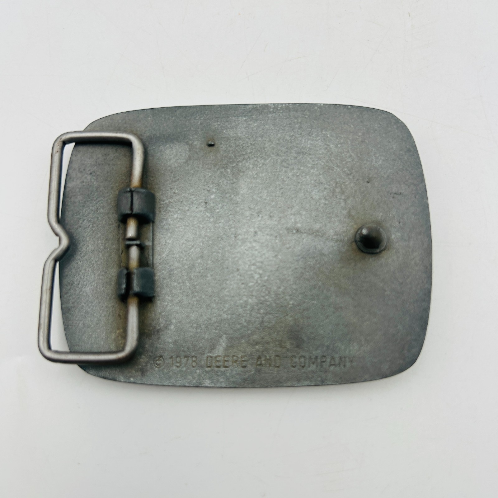 John Deere Motor Grader Belt Buckle Pewter Tone Tractor 1978 Vintage No Wear