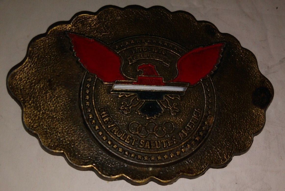Vintage Chevrolet Salutes America BELT BUCKLE USA Bicentennial Olympics 1970&rsquo;s