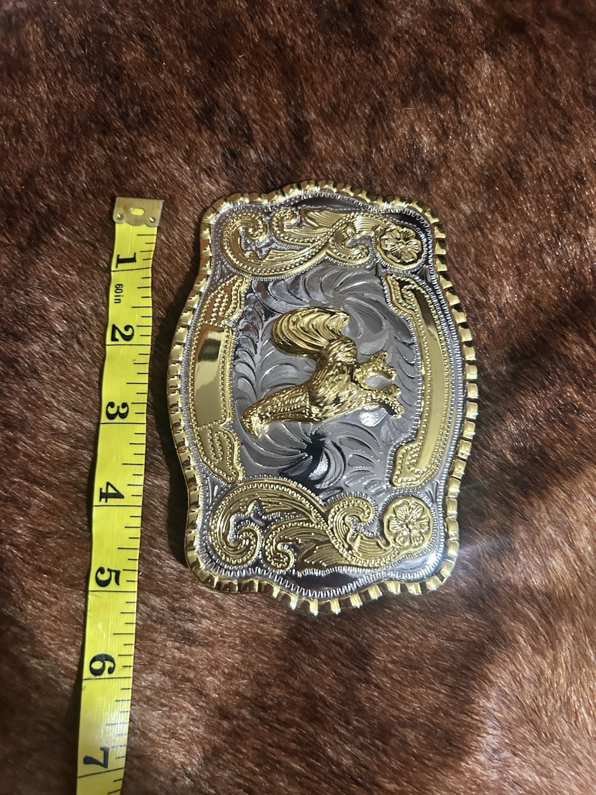 Western Horse Floral Rectangular Belt Buckle Silver/Gold Tone Metal 1.5in