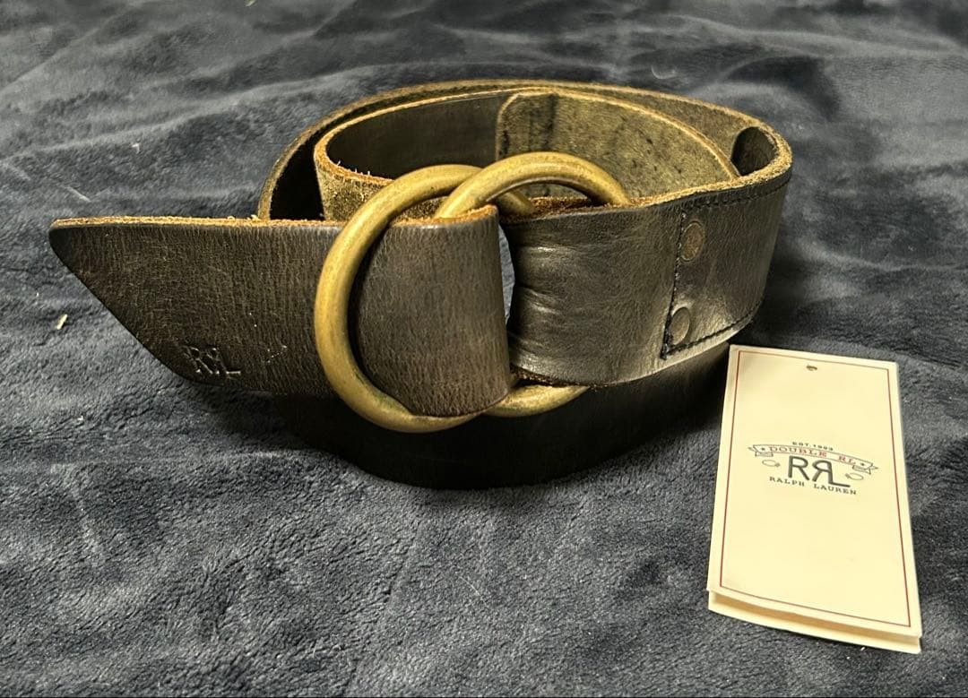 Double RL RRL Italian Made Distressed Leather Double Ring Belt Size 30 Black