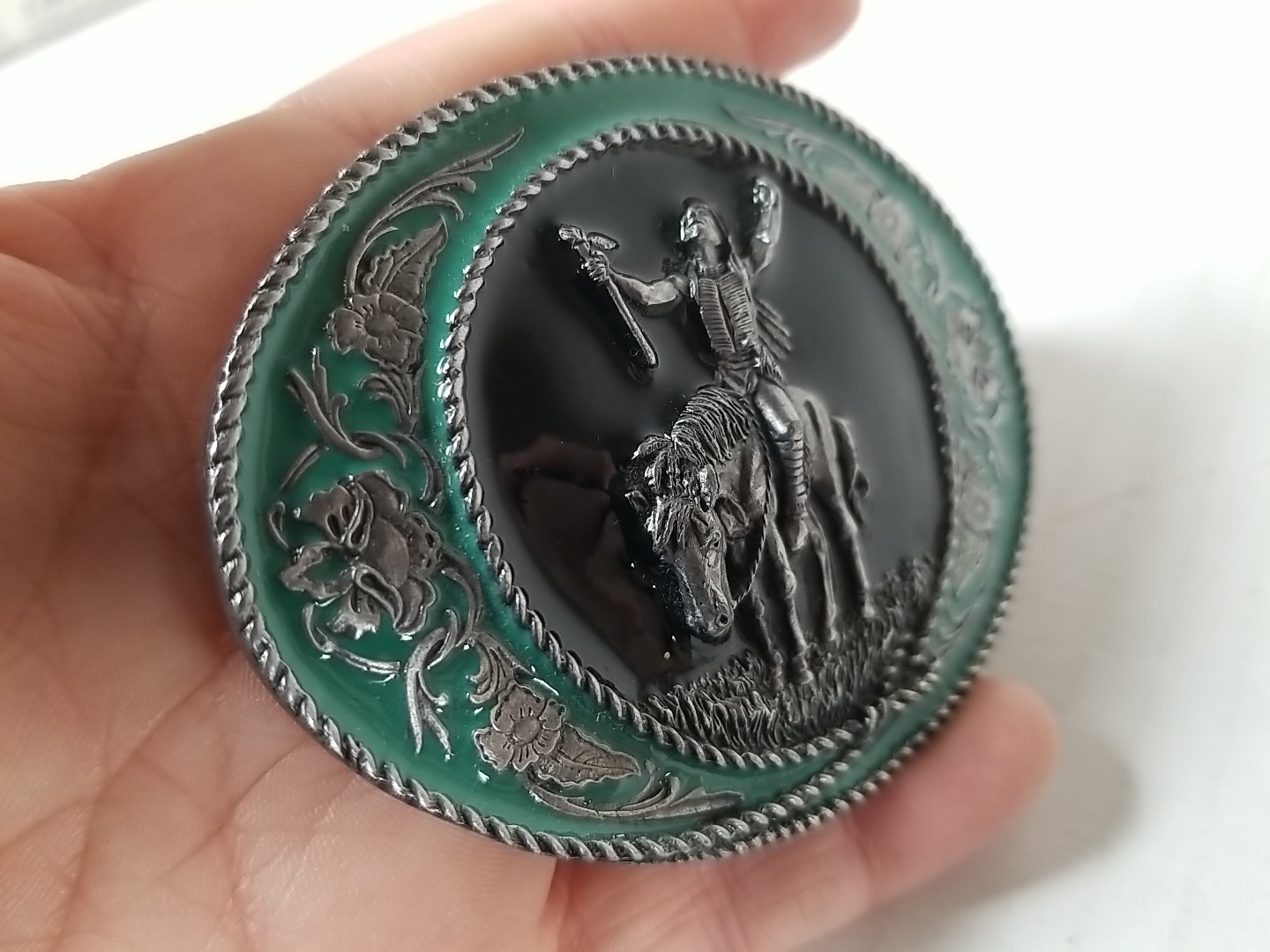 VTG 91 Siskiyou Belt Buckle Native American Warrior Horse Green Enamel USA