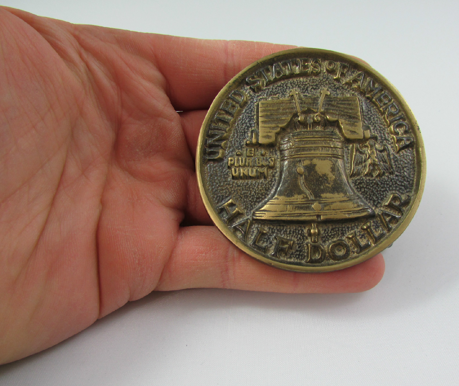 Vintage Solid Brass American Half Dolar Liberty Bell Patriotic Belt Buckle #873