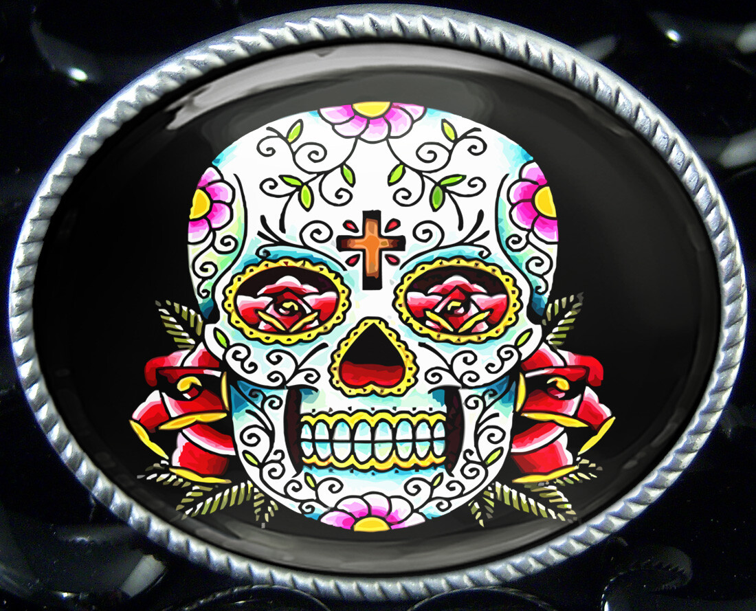 Day of the Dead Sugar Skull Silver Oval Halloween Handmade Belt Buckle – 55